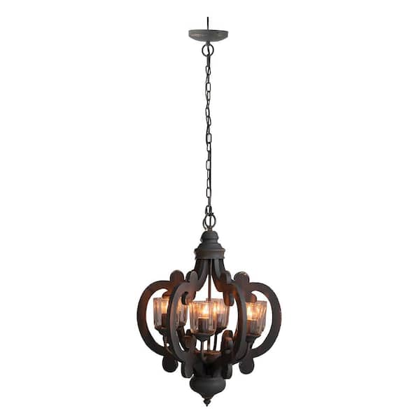 MODERN HABITAT LaternBeaded 6-Light Gary Wood Chandelier with Adjustable Chain, Bulb Not Included