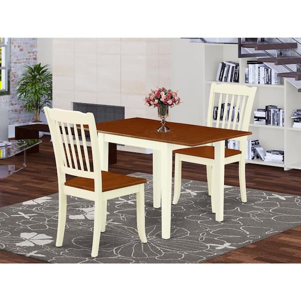 East West Furniture 3-Piece Buttermilk and Cherry Finish Solid Wood Top Dining Table Set