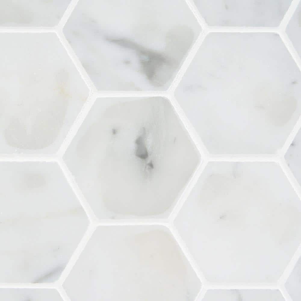 White Carrara 2" Hexagon Polished Marble Mosaic Tile
