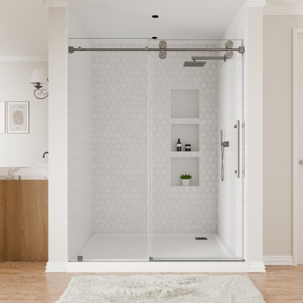 60 in. W x 76 in. H Single Sliding Frameless Shower Door in Space Gray with Smooth Sliding and 3/8 in. SGCC Clear Glass