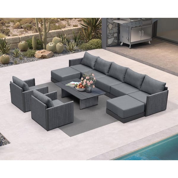 10 Pieces Patio Seating with Ottoman Sofas Aluminum Furniture Outdoor Couch Sectional Set with Cushions Gray