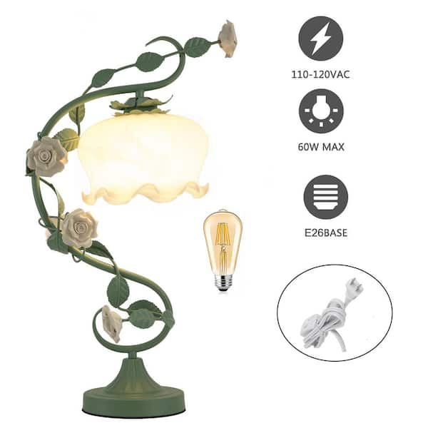 OUKANING 20.5 in. Green Retro Rose Glass Gooseneck Desk Lamp