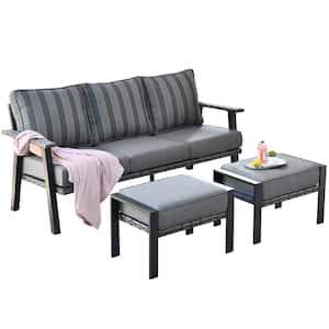 Xavier Gray 3-Piece Wicker Outdoor Patio Conversation Seating Sofa Set with Gray Stripe Cushions