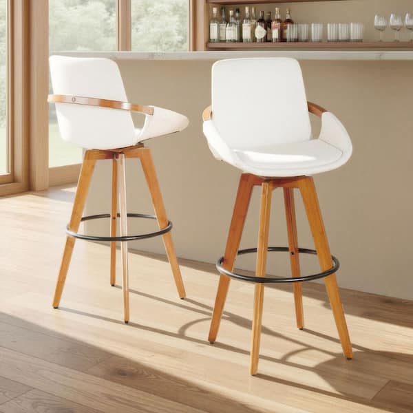 Cosmo 29 in. Cream Noise Fabric, Walnut Bamboo, and Black Metal Fixed-Height Bar Stool