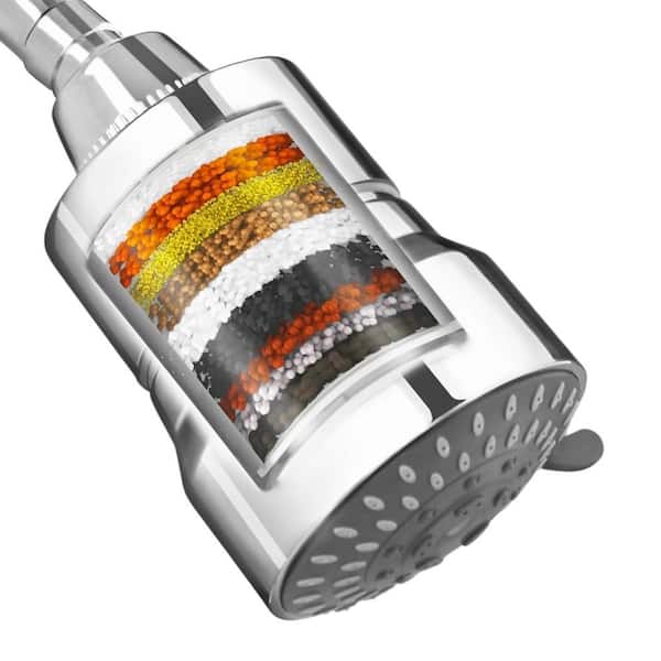 3-Spray Patterns with 1.8 GPM 3.8 in. Wall Mount Fixed Shower Head with 15-Stage Hard Water Filter Cartridge in Silver