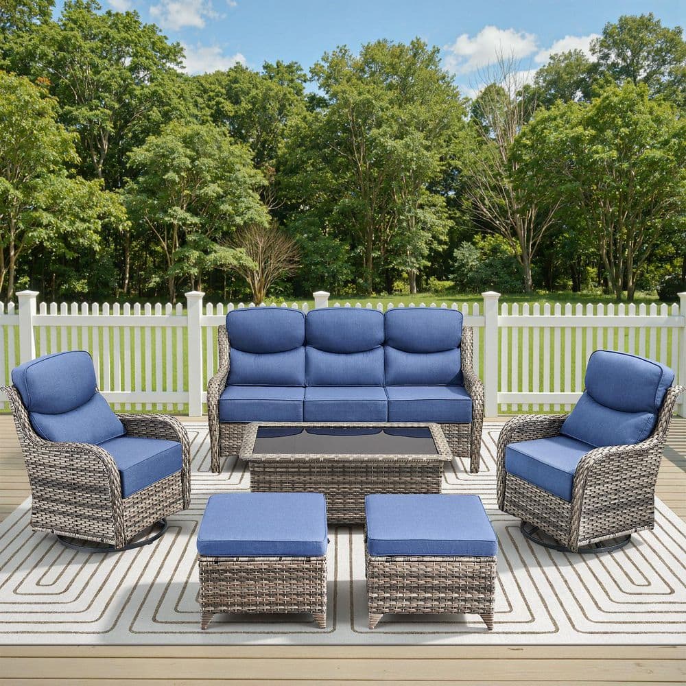 Holion Gray 6-Piece Wicker Patio Conversation Sofa Seating Set with Swivel Rocking Glider Chairs and 6 in. Blue Cushions price history on PriceWatchPro