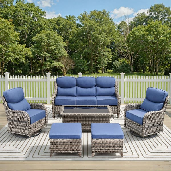 Holion Gray 6-Piece Wicker Patio Conversation Sofa Seating Set with Swivel Rocking Glider Chairs and 6 in. Blue Cushions