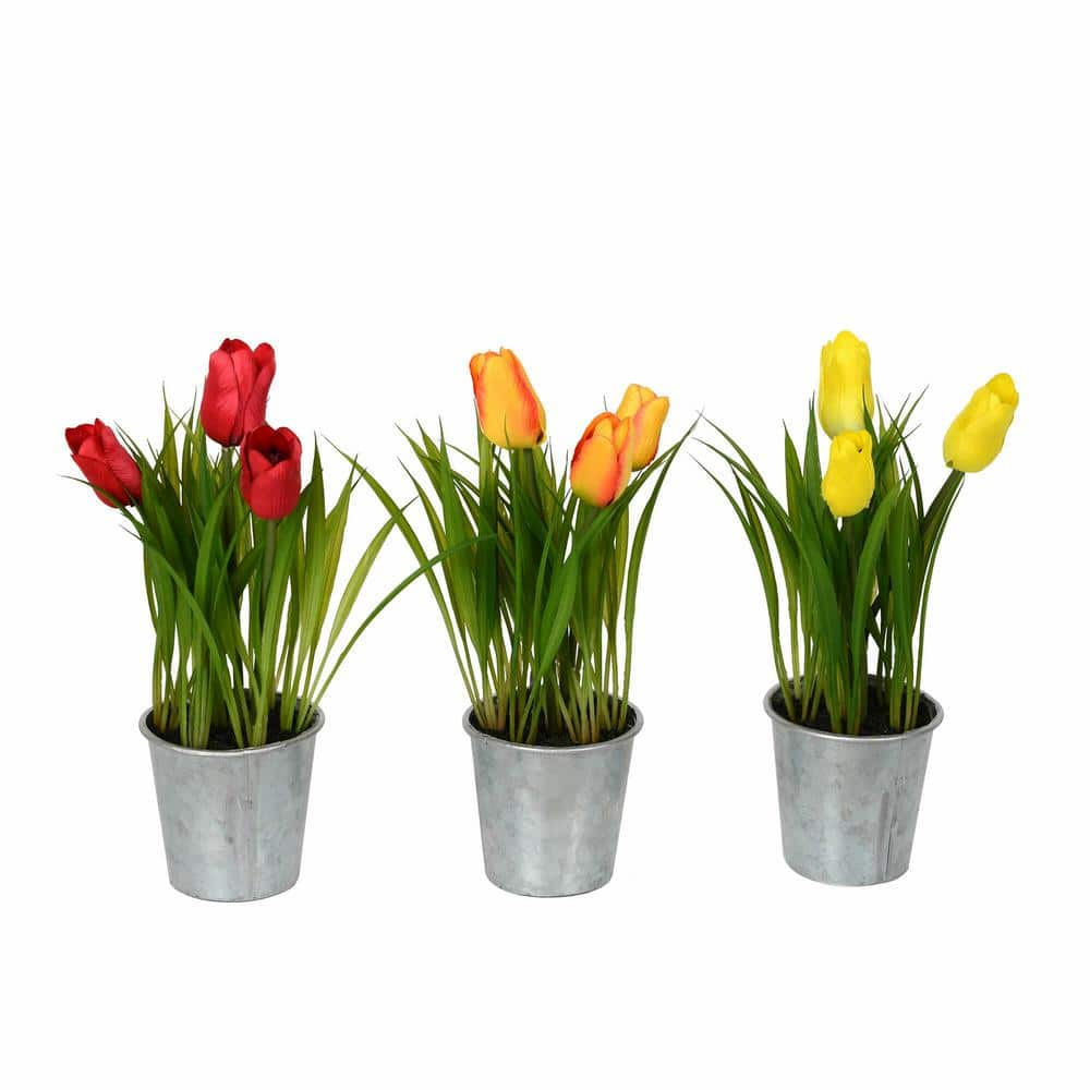 Vickerman 9 .5 in Artificial Assorted Set of Tulips in Metal Pot ...