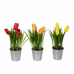 9 .5 in Artificial Assorted Set of Tulips in Metal Pot.