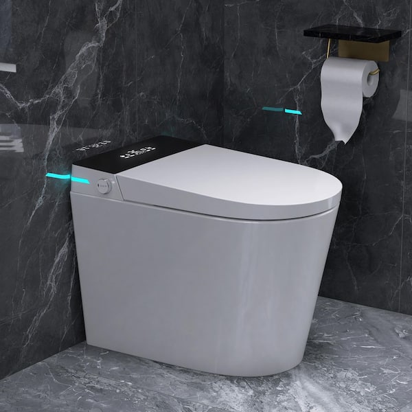 Compact Elongated Smart Bidet Toilet 1.28 GPF in White with Night Light, Remote and Knob Control, 10 in. Rough-in
