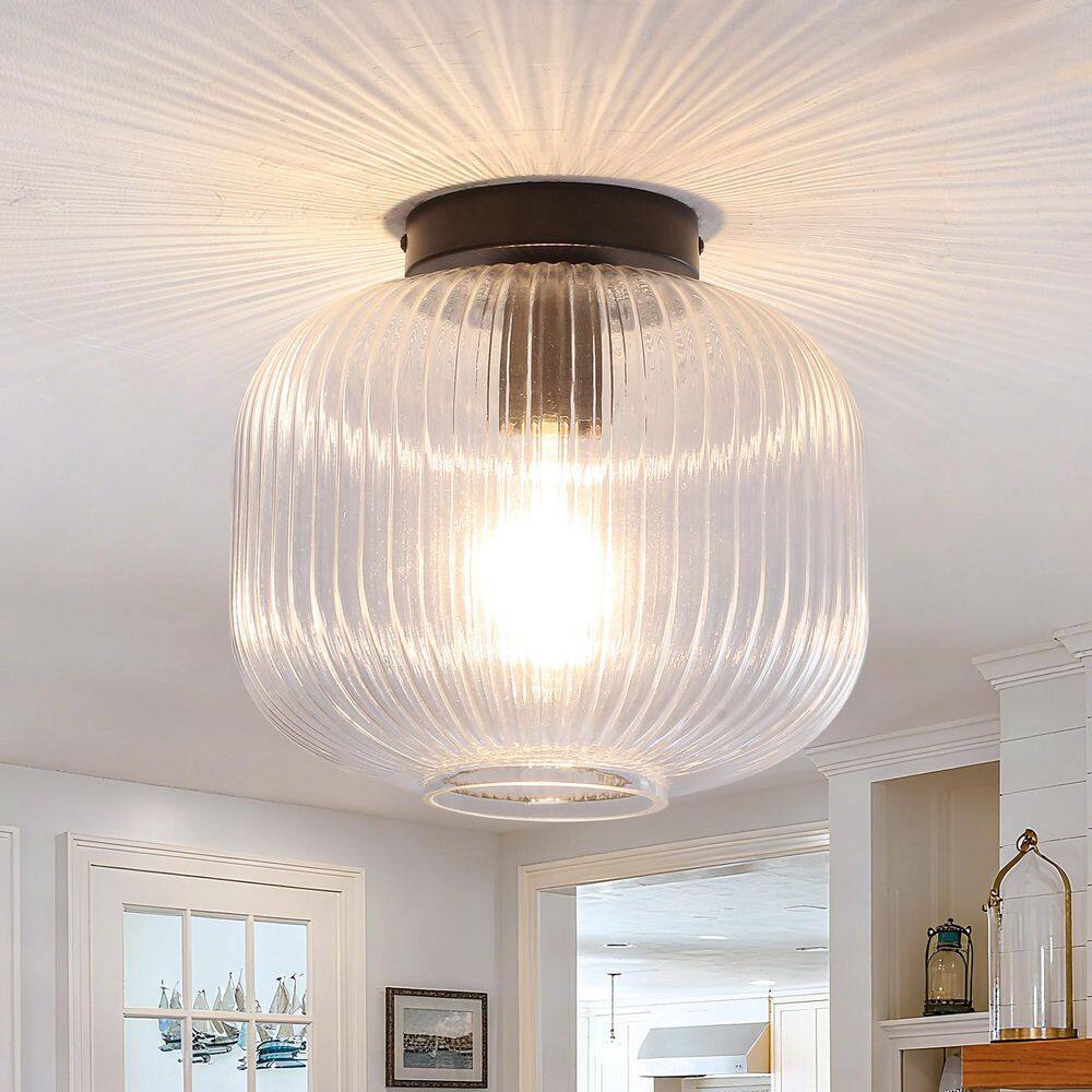 Modern 10.23 in. 1-Light Matte Black Semi-Flush Mount Ceiling Light with Textured Clear Glass Shade price history on PriceWatchPro