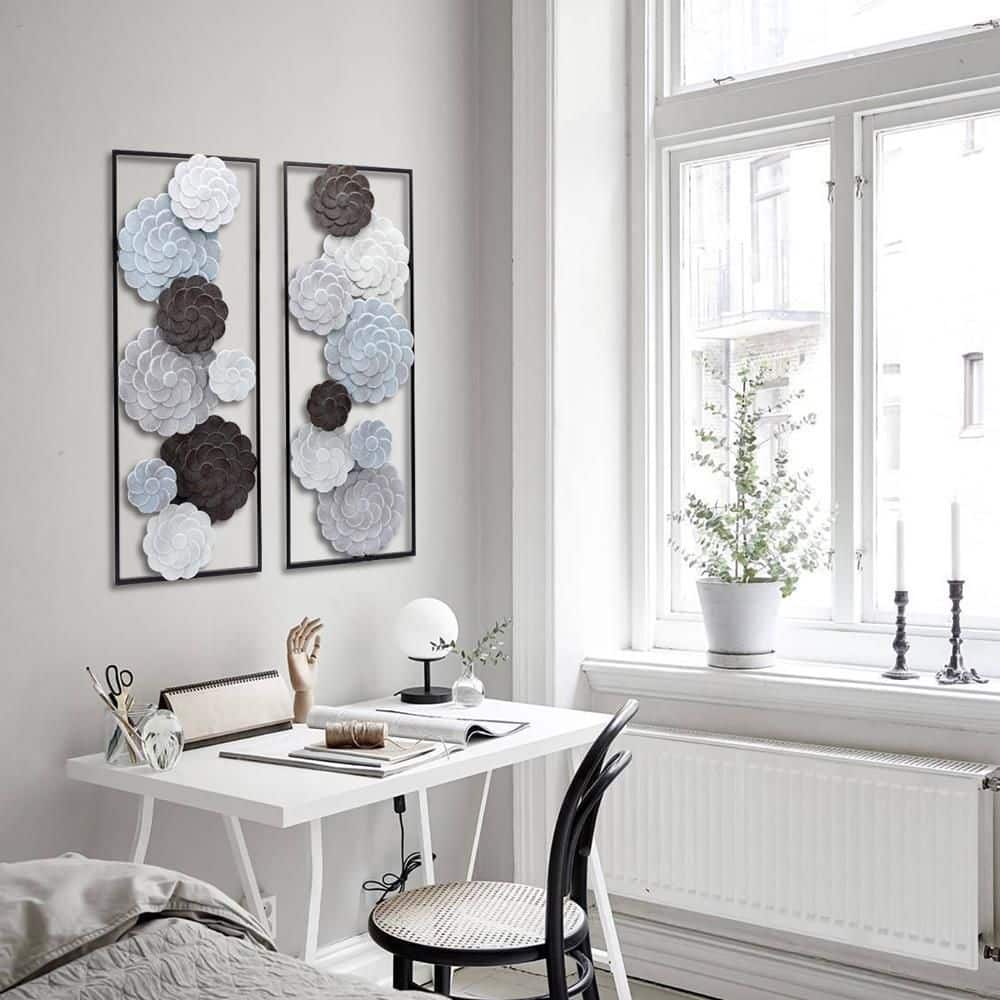 Large Black and Gray Metal Floral Wall Art Panels, Set of 2