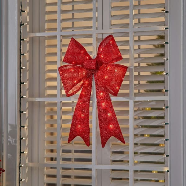 24 in. LED Red Tinsel Bow Holiday Yard Decoration