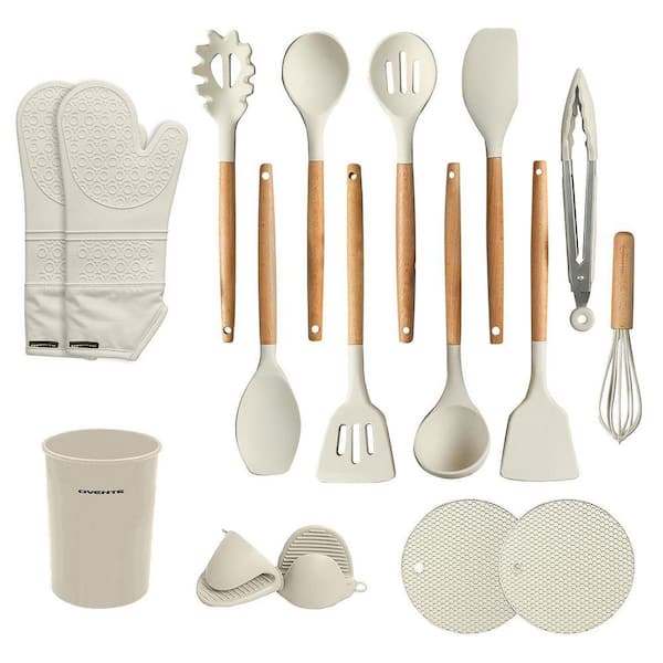 Silicone Kitchen Cooking Utensils Set, 17-Piece Heat Resistant Cooking Tools Nonstick Cookware, BPA Free, Cream SPS17CR