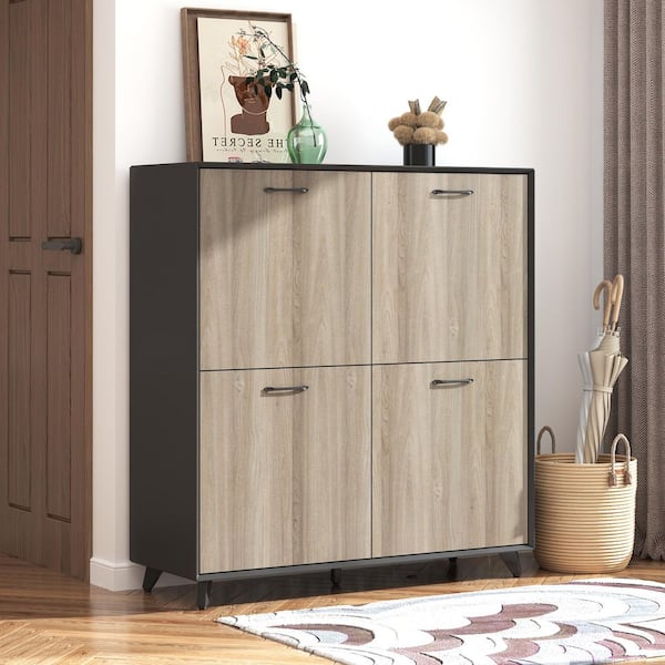 FUFU&GAGA 46.5 in. H x 43.3 in. W Black and Wood Grain Wooden Shoe Storage Cabinet, Bookcase with 8 Adjustable Shelves and 4-Doors