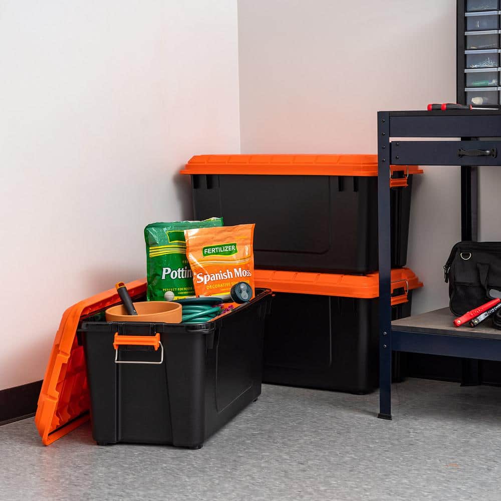 21 Gallon Black and Orange Heavy-Duty Plastic Storage Bins, 3 Pack