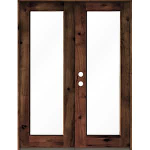 72 in. x 96 in. Rustic Knotty Alder Wood Clear Full-Lite red mahogony Stain Right Active Double Prehung Front Door