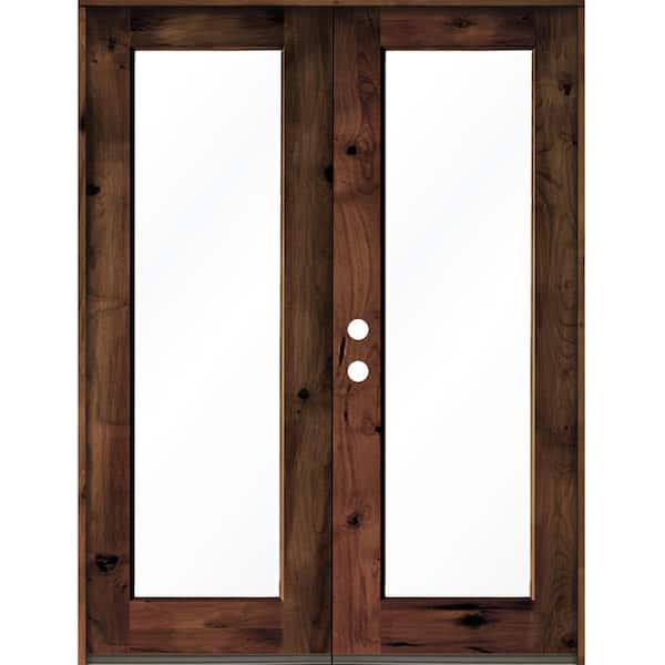 Krosswood Doors 72 in. x 96 in. Rustic Knotty Alder Wood Clear Full-Lite red mahogony Stain Right Active Double Prehung Front Door