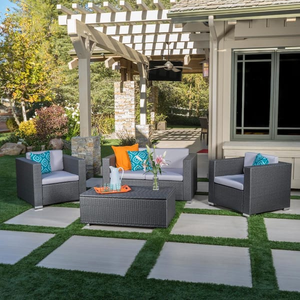 Noble House Murano Multi-Grey 4-Piece Faux Rattan Outdoor Patio Conversation Set with Grey Cushions