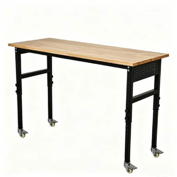 Adjustable Height Rubberwood Rolling Workbench w/ Power Outlet, Pegboard, Locking Casters, 2000 lb, 70 x 21 in
