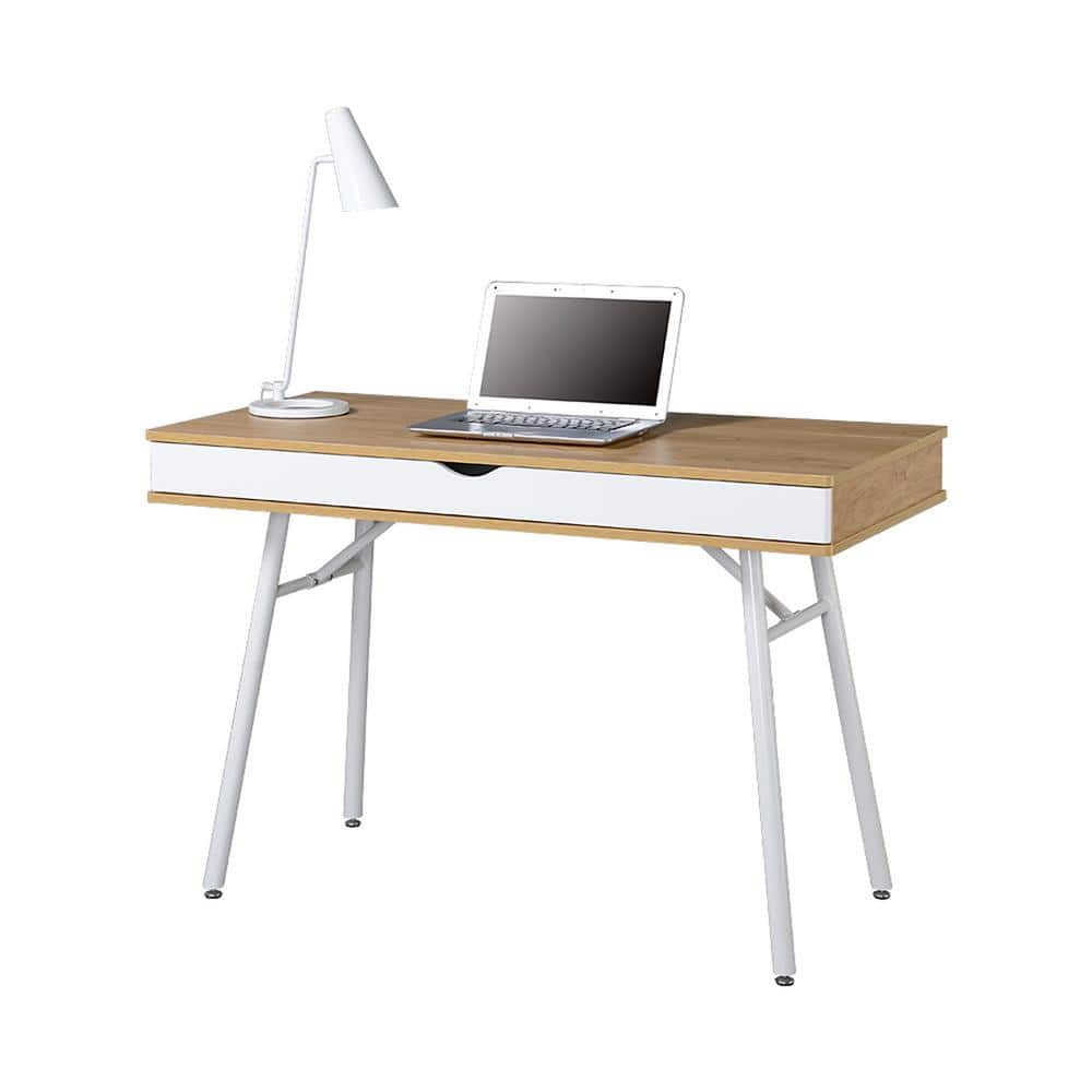 Pine and White Mid-Century Modern Desk with Multi-Storage