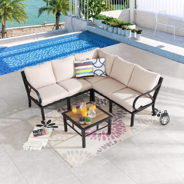 Patio Festival 6-Piece Metal Patio Conversation Set with Beige Cushions