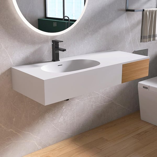 MEDUNJESS 47 in. x 19 in. x 7 in. Solid Surface Wall Mount Bathroom Sink in White with Faucet Hole, Overflow and Solid Wood Drawer