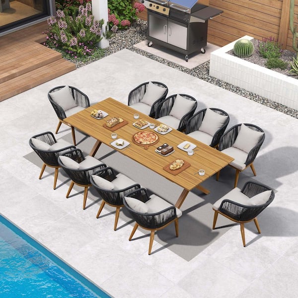 Teak-Finish 11-Piece Wicker Square Aluminum Frame Outdoor Dining Set and Pillows with Beige Cushions
