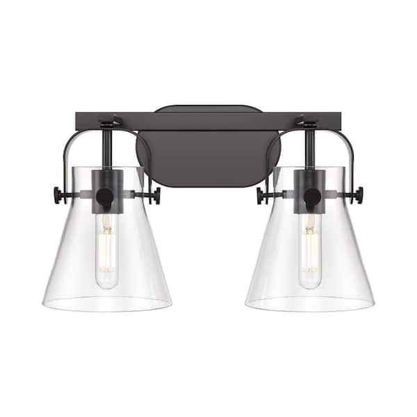 Innovations Pilaster II Cone 17 in. 2-Light Matte Black Vanity Light with Glass Shade