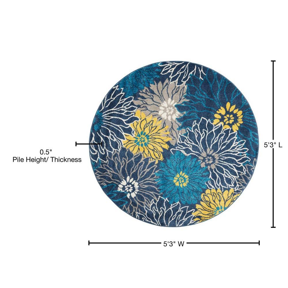 Blue and Yellow Floral Round Synthetic Area Rug, 5'3"