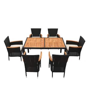 Brown 7-Piece PE Rattan Wicker Outdoor Dining Set Acacia Wood Tabletop Patio Table Set with Beige Cushions