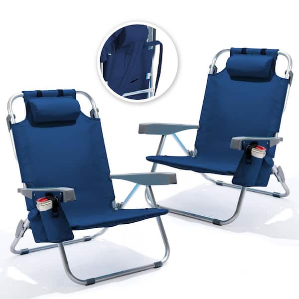 Navy Blue Aluminum Folding Adjustable Headrest Medium Beach Chair with (2-Pack)