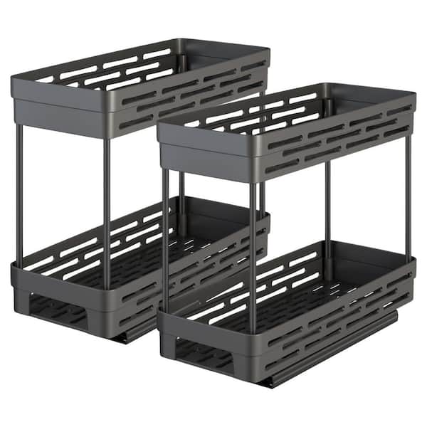 2 Pack Black Pull Out Slide Mount Cabinet Spice Rack Organizer with 2 Shelves for Kitchen Storage