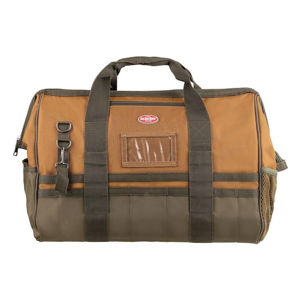 BUCKET BOSS Gatemouth 20 in. Tool Bag in Brown and Green with 36 Pockets