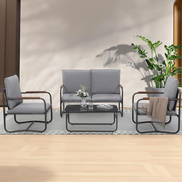 Unbranded 4-Piece Outdoor Patio Conversation Set with Removable Seating Cushion for Home, Yard, Poolside (Grey)