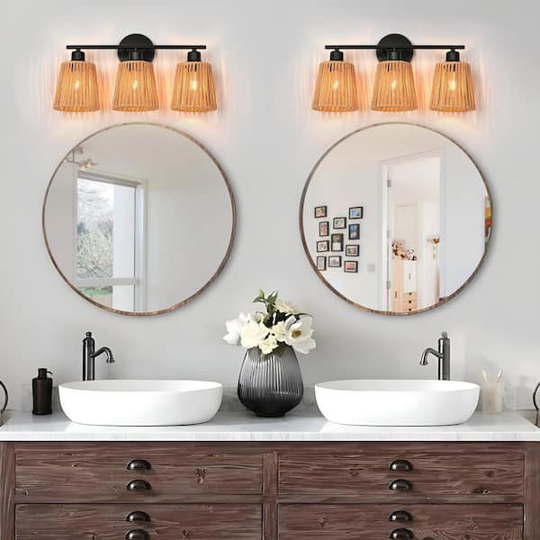 Nafissa 19.29 in. 3 Light Brown Boho Vanity Light with Rattan Shade, Modern Famhouse Bathroom Over Mirror Lights