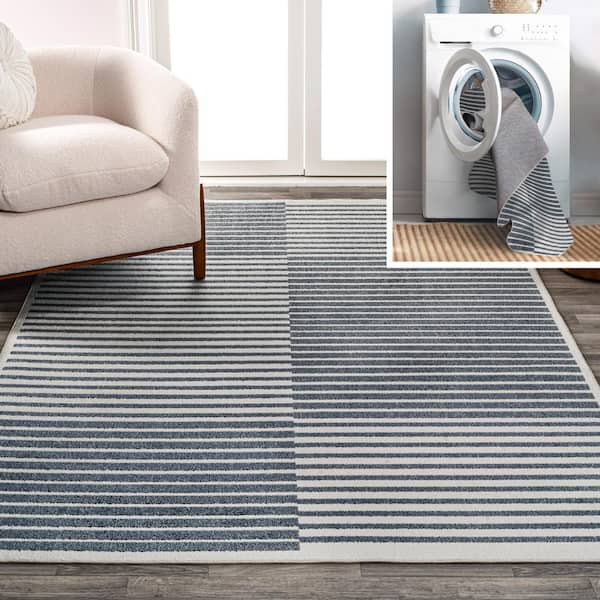 JONATHAN Y Dark Gray/Cream 3 ft. x 5 ft. Shutter Minimalist Striped Plaid Machine-Washable Area Rug