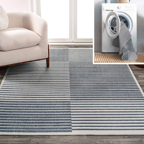 JONATHAN Y Shutter Minimalist Striped Plaid Machine-Washable Dark Gray/Cream 4 ft. x 6 ft. Area Rug