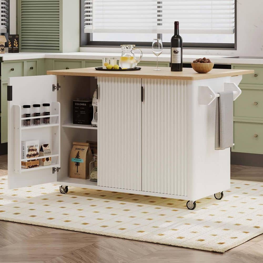 White Wood 51 in. Rolling Kitchen Island with Folding Drop Leaf and Storage