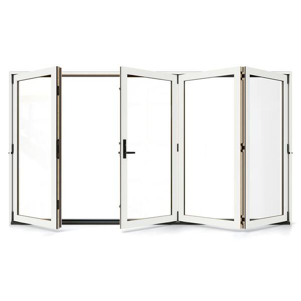 JELD-WEN W5500 124 in. x 80 in. Modern White Left Hand/Outswing Aluminum Clad Wood 4-Panel Prehung Folding Patio Door