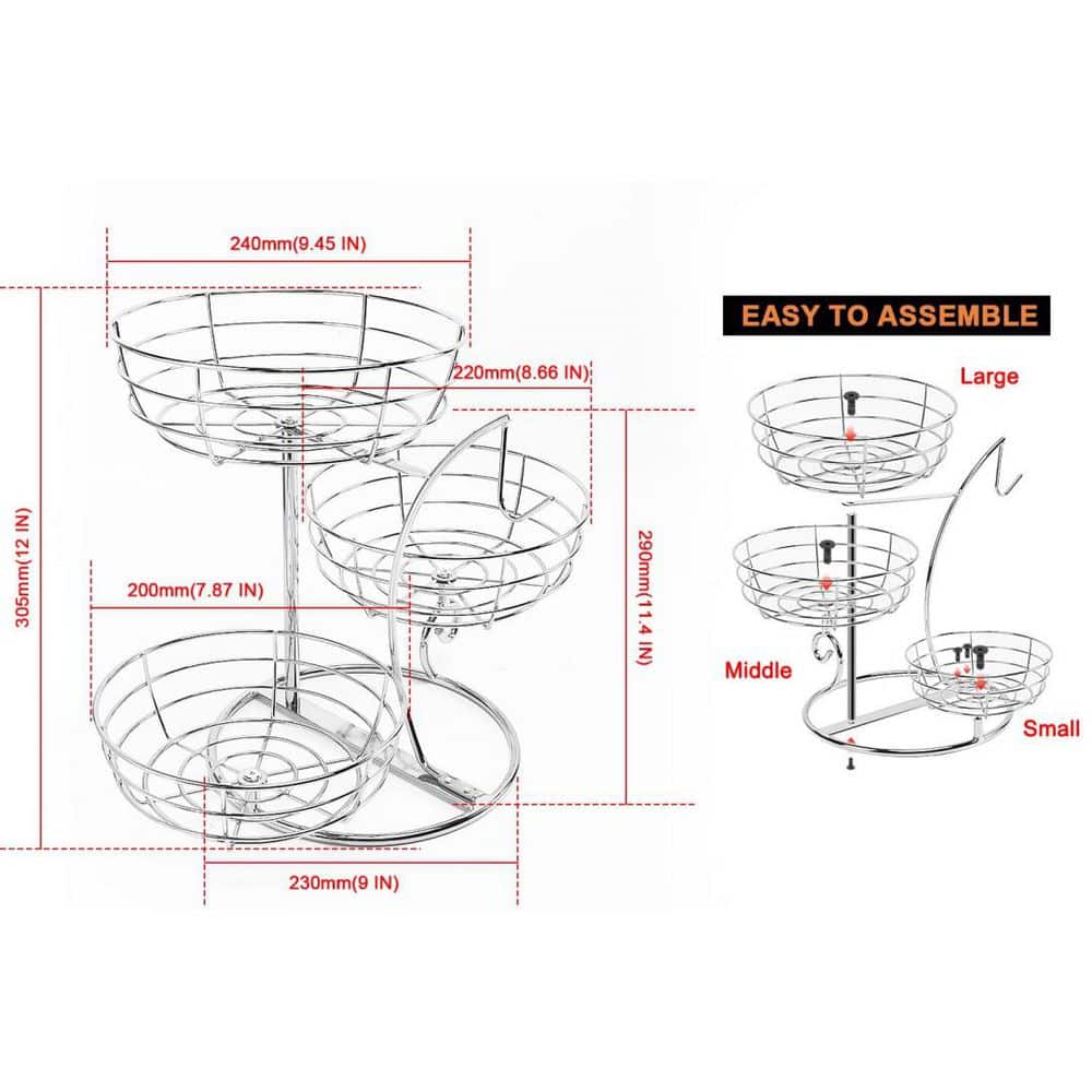 Numhew 1-Piece Chrome Fruit Basket Bowl with Banana Hanger 3-Tier Metal Base for Kitchen Counter, Detachable Organizer I5N8R8H3