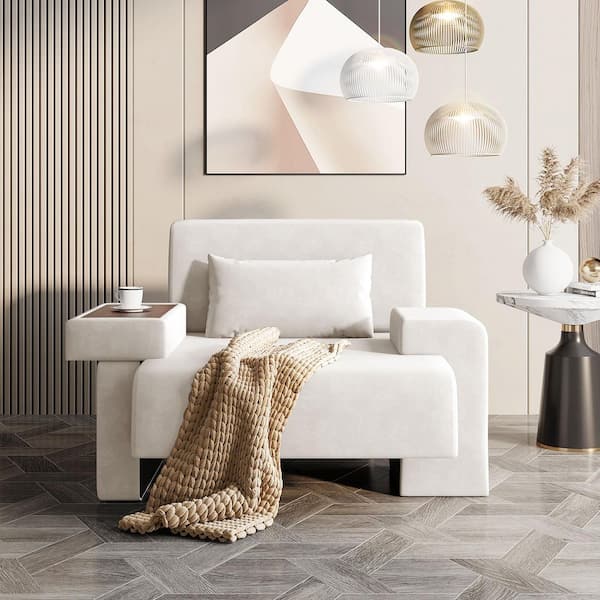 Harper & Bright Designs Beige Contemporary Chic Polyester Armchair with Asymmetrical Armrests and Concealed Storage