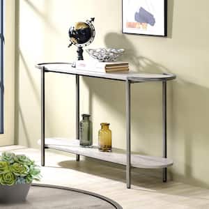Elosi 48.75 in. Light Gray and Brushed Gun Metal Oval Wood Console Table with Shelf