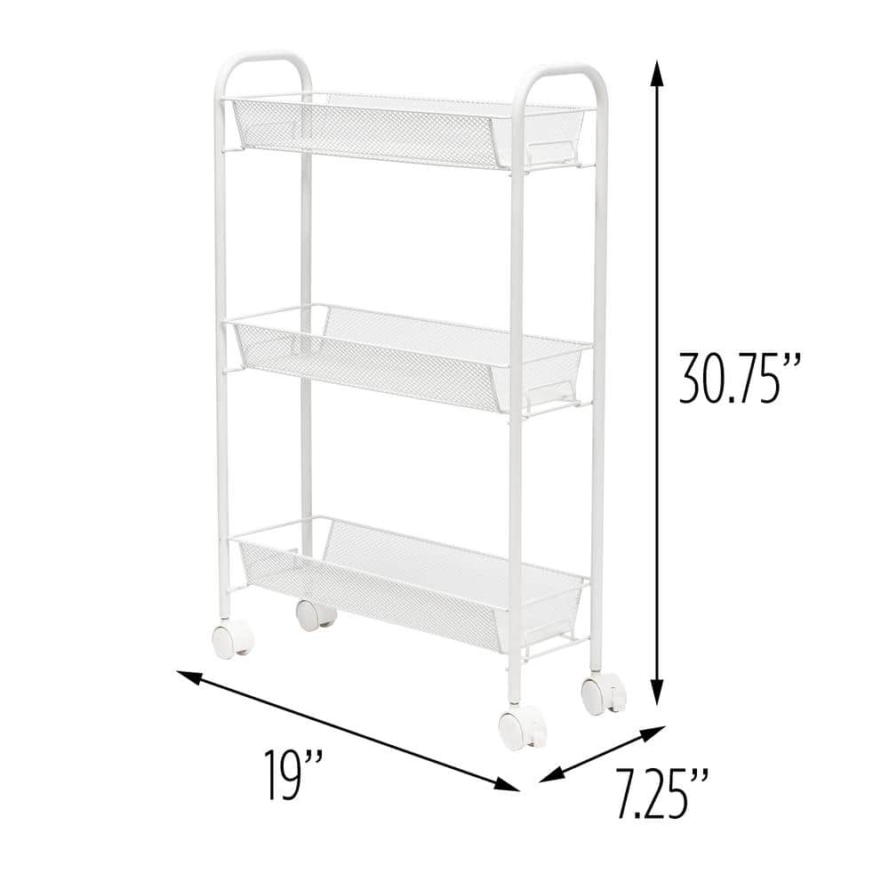 Slim White 3-Tier Wire Mesh Rolling Storage Cart