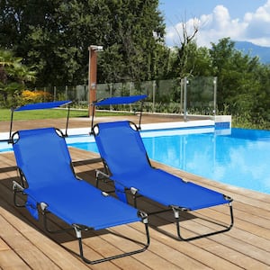 Blue Metal Outdoor Chaise Lounge, Folding Pool Chairs, Outdoor Sun Tanning Chairs with Canopy Shade, Reclining Back