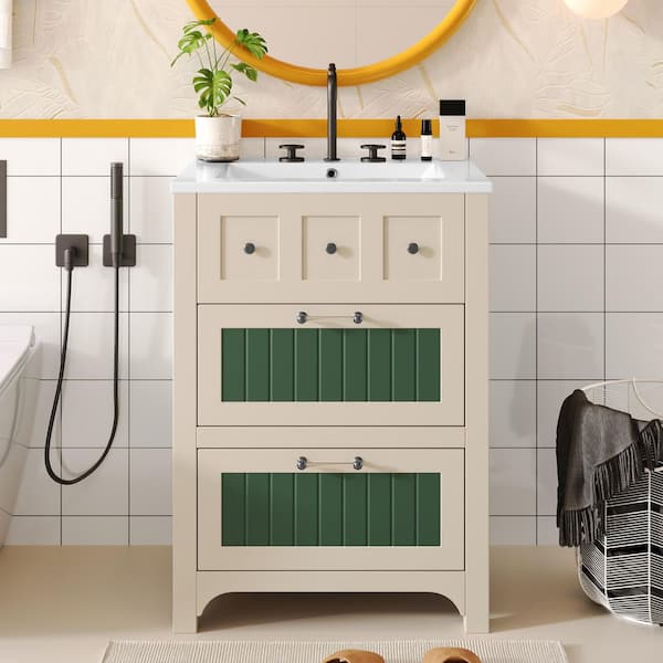 Magic Home 24 in. x 18 in. x 33 in. Beige and Green Bath Vanity Freestanding Storage Cabinet with White Ceramic Sink, Drawers