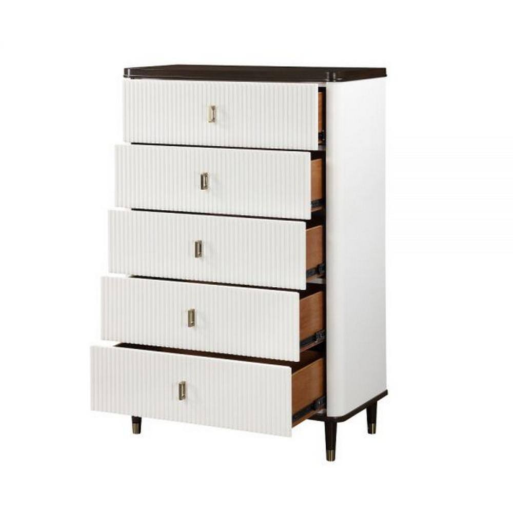 White and Brown Solid Wood Tall Dresser with Metal Accents