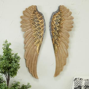 Wood Gold Carved Angel Wings Bird Wall Decor with Gold Accents (Set of 2)