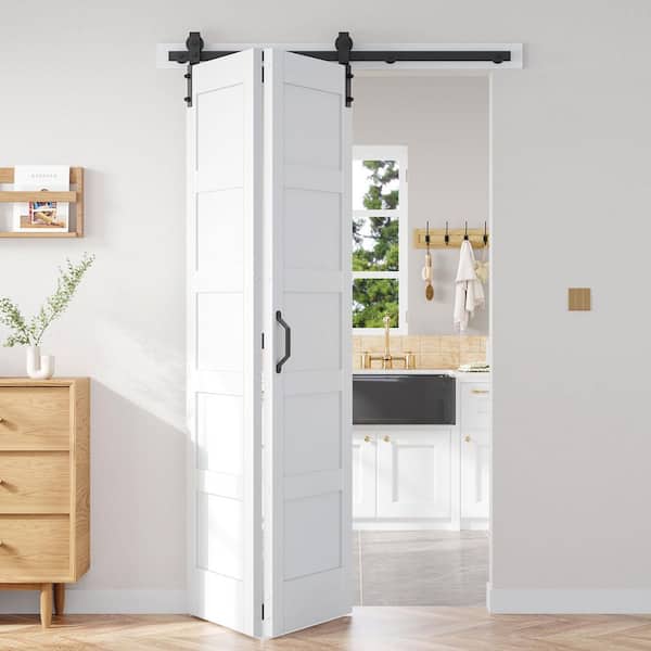 48 in. x 84 in. 5-Panel White Finished Solid Core MDF Wood Composite Assembly Required Bi-Fold Door with Hardware