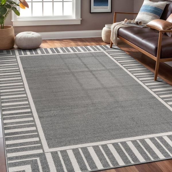 Edge Gray 5 ft. x 7 ft. Rubber Back Washable Geometric Border Indoor Outdoor Patio Area Rug